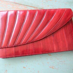 Genuine Eel Skin Leather Envelope Oxblood Red Slim Clutch Purse Bag VTG KOREA